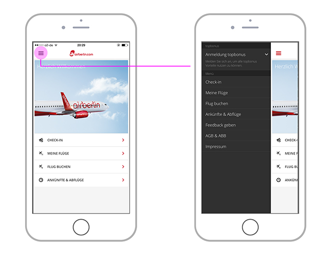 Sidebar am Beispiel der Airberlin-App