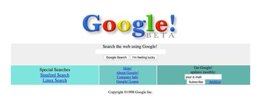 Screenshot der Homepage von Google aus dem Gründungsjahr 1998