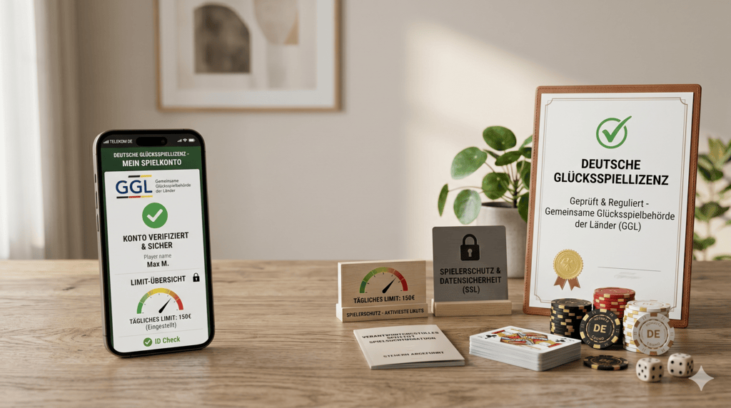 Ein Smartphone mit verifiziertem GGL-Spielerkonto und Einzahlungslimit neben einer offiziellen Lizenzurkunde für online casinos deutschland, ergänzt durch Spielkarten, Würfel und Pokerchips auf einem Holzschreibtisch.