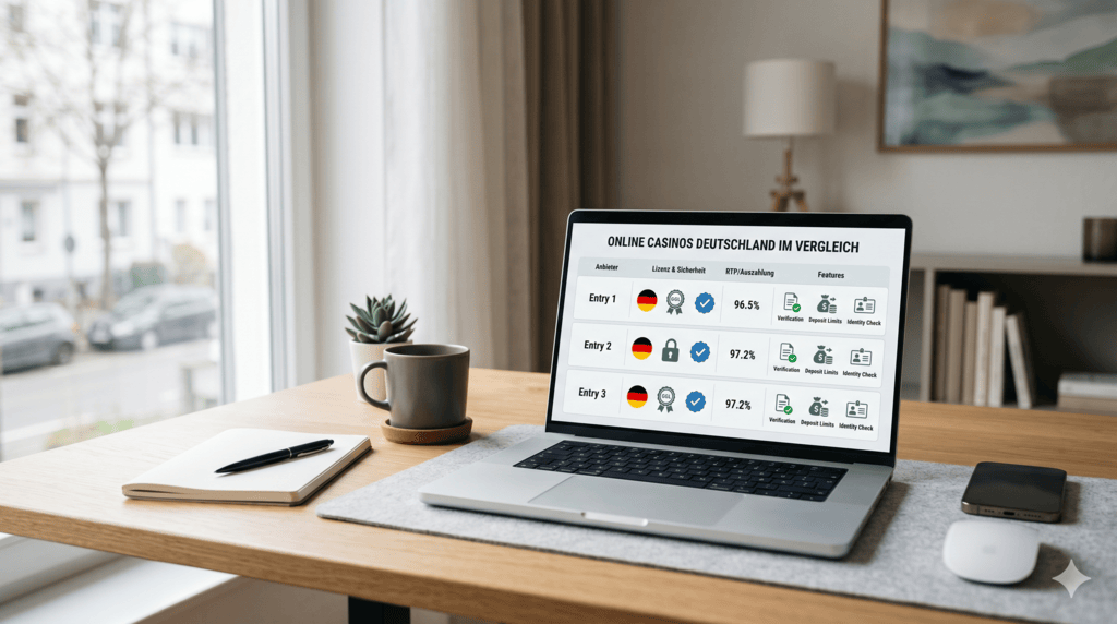 Ein Laptop auf einem Schreibtisch zeigt eine Vergleichstabelle für online casinos deutschland mit Details zu Lizenzen, RTP-Raten und Sicherheitsmerkmalen für deutsche Spieler.