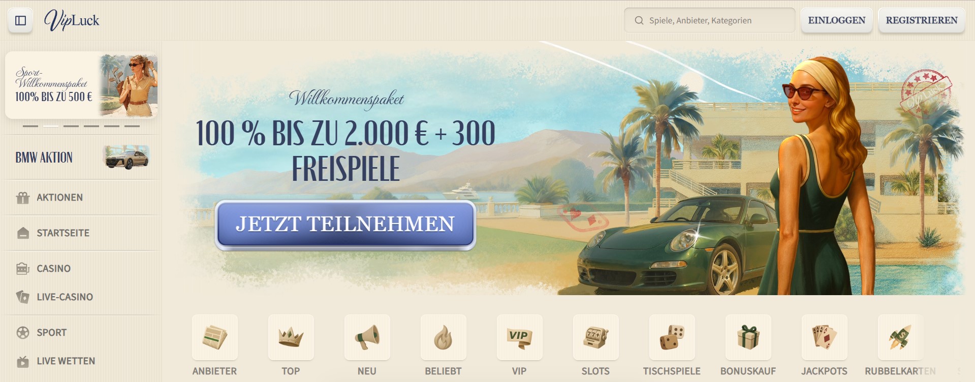 Promotionsbanner für Casino ohne deutsche Lizenz mit Willkommenspaket, luxuriösem Lifestyle, Bonusangeboten bis 2.000 € und 300 Freispielen.